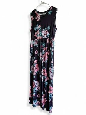 Sleeveless Black Floral Maxi Dress with Pink Roses